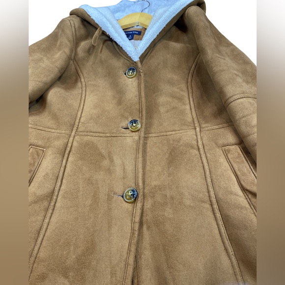 Land’s End Sherpa Lined Faux Suede Coat Women’s Tan Brown Hooded Long - Picture 4 of 11